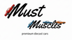 Logo for 'Must Muscles' premium diecast cars with stylized cars and text on a white background.

